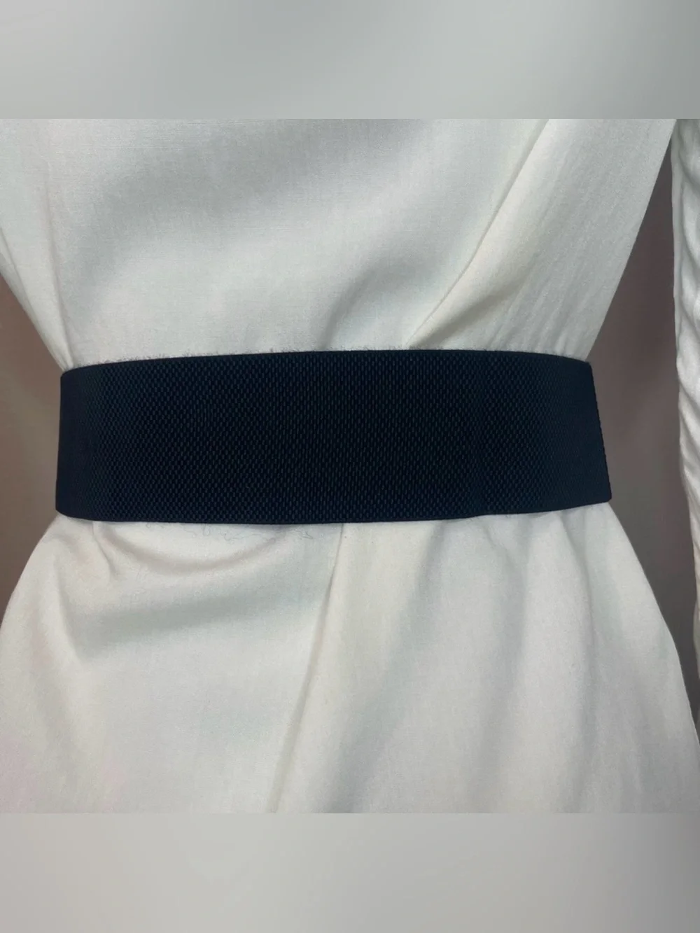 Black PU leather gold tone buckle elastic waistband belt